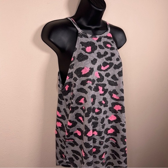 MEDIUM FANTASTIC FAWN TANK GREY PINK KNIT ANIMAL LEOPARD PRINT STRETCH - Picture 3 of 11